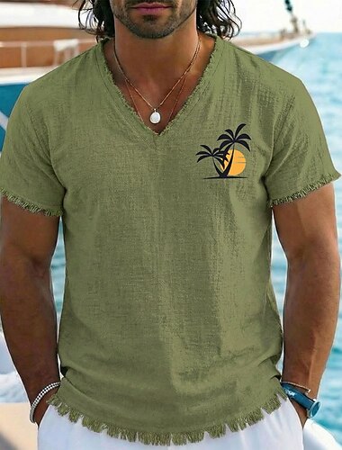  T-shirt homme en coton et lin, imprimé coucher de soleil tropical bohème vintage, col V, ourlet brut effiloché, coupe ample, idéal pour la plage, les vacances en bateau ou une croisière. Tailles : S,