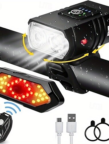  sykkellyssett, 1000 lumen USB-oppladbart frontlykt og baklykt med trådløse fjernkontrollblinklys, vanntette LED-sykkellys med høy lysstyrke for nattsikkerhet, passer til fjellveier