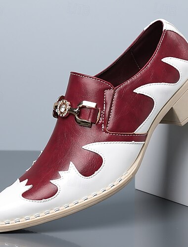  Mocassini eleganti da uomo rossi e bianchi con dettaglio in metallo, scarpe di tendenza per uomo, ideali per matrimoni, banchetti, feste ed eventi serali.