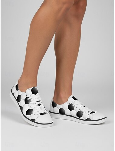  نسائي فضفاض مناسب للبس اليومي يوم المباراة طبعة كرة قدم كعب مسطخ أمام الحذاء على شكل دائري رياضي نمط المروحة كاجوال كانفا دانتيل أسود وأبيض أسود