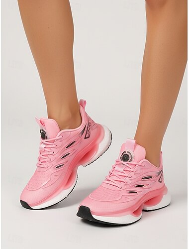  Roze, gedempte hardloopsneakers voor dames – lichtgewicht veterschoenen voor wandelen, dagelijks gebruik en een casual sportieve stijl.