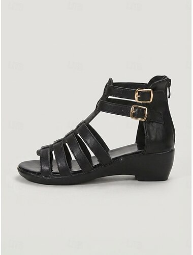  Dámské černé gladiátorské sandály – sandály na klínovém podpatku s pásky a nastavitelnými přezkami, stylové letní boty na cesty, do přírody &denní nošení