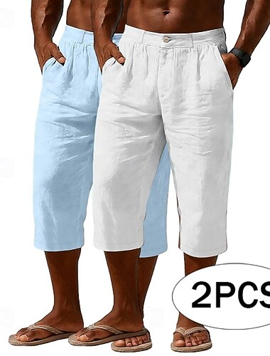  Herren Capri-Shorts Leinenshorts Freizeitshorts Tasche Elastischer Bund Einfach Komfort Atmungsaktiv Wadenlang Täglich Outdoor Strand Urlaub Mode Schwarz+Marineblau Marineblau + Grau Unelastisch