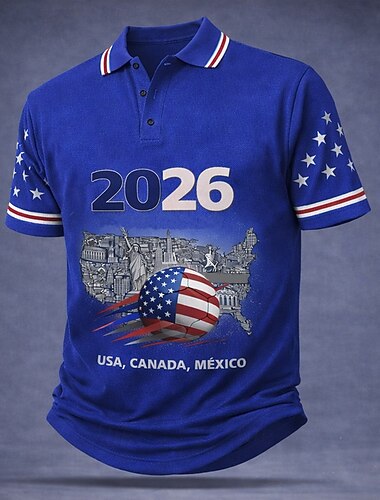  Fußball-Pokal 2026 Herren Fußball Poloshirts Kurzarm Polo-Shirts Hemden mit Kragen Lässig Athleisure 3D-Druck Knöpfe Sommer Frühling Blau Weiß Rote