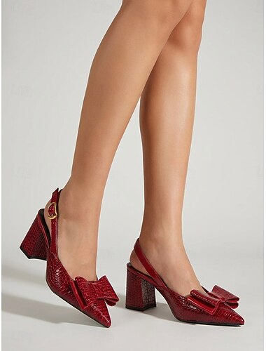  Dames pumps met zwarte krokodillenprint en slingback - elegante schoenen met blokhak en strikdetail, perfect voor op kantoor of zakelijke bijeenkomsten. &professionele werkkleding