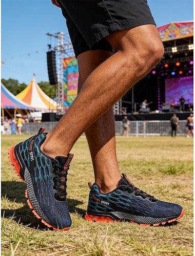  Baskets sport décontractées noires et orange pour homme, à lacets, légères et confortables, idéales pour les festivals de musique, les concerts, le streetwear, les fêtes en plein air et la mode tendance.