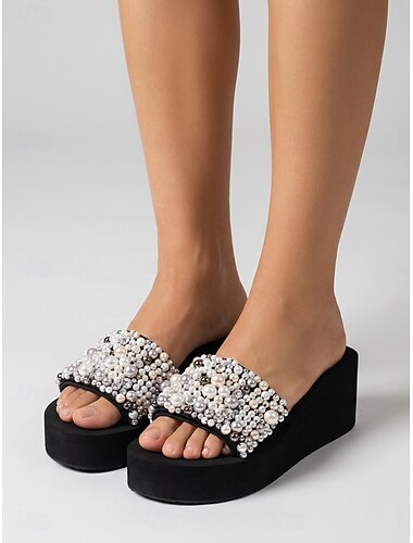  Dames zwarte wedge sandalen - stijlvolle platform zomerschoenen met imitatieparels voor strandvakanties, resortfeesten en tropische vakanties
