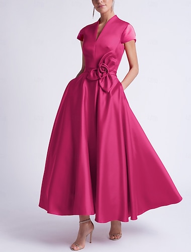  Ligne A Longueur thé Robes de Cocktail Robes de soirée Robes pour invités de mariage Élégant Sans manches Col en V Cocktail Poche Satin avec Noeud(s)
