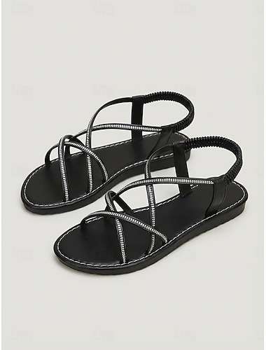  Damesandaler med flate komfortstropper, åpne tåsko med elastisk rygg for fritidssko til hagefester og utendørsarrangementer. &sommerturer