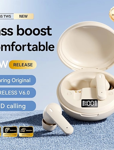  Auricolari wireless Bluetooth 6.0, cuffie TWS con potenziamento dei bassi &Riduzione del rumore, display digitale a LED, custodia di ricarica, microfono HD per chiamate, auricolari in-ear comodi per