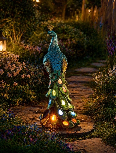  Lampe solaire d'extérieur en résine représentant un paon, étanche, pour décorer allée, pelouse, terrasse ou cour. Idéale pour les fêtes, mariages, vacances ou comme cadeau pour la fête des mères.