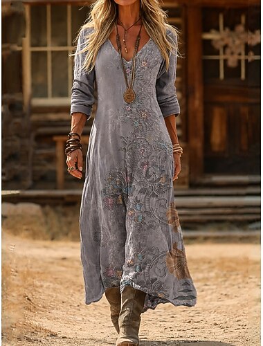  Dames Maxi-jurk Zonnejurk Vakantie Casual Boho Dagelijks Normale pasvorm Bloemig Geometrisch Lange mouw V-hals Rood Paars Groen Zomer Lente
