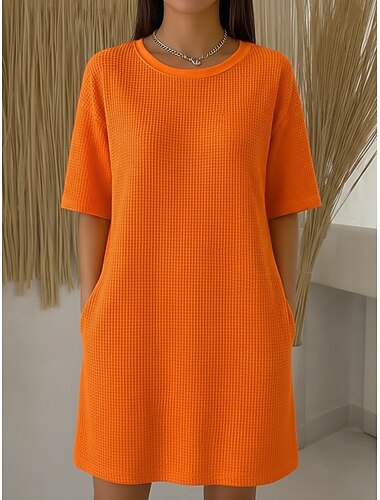  Damen Knielanges Kleid Kariertes Kleid Freizeitkleid Klassisch Täglich Urlaub Lässiger Schnitt Einfach Kurzarm Rundhalsausschnitt Hellgelb Hellrosa Schwarz Weiß Sommer Frühling