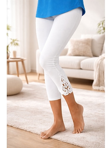  Damen Caprihose Leggings Gemütliche Leggings Urlaub Mode Basic Knöchellang Mittlere Taille Einfarbig Spitze Po-Lifting Komfort Bauchkontrolle Dehnbar Täglich Urlaub Formell Grau Weiß Schwarz Sommer