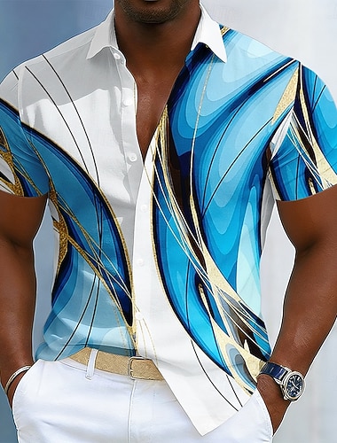  Herren Geometrisch Linien / Wellen Abstrakte Kunst Hemd Knopfhemd Kurzarm Modisch lässig Täglich Outdoor Urlaub Sommer Frühling Umlegekragen 3D-Druck Leinenähnliches Hemd Blau Gelb Purpur Dunkelblau