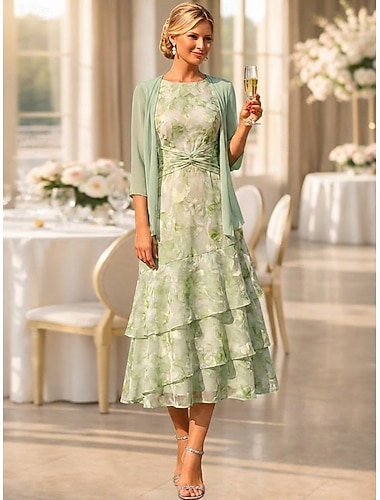  Todelt A-linje Te-lengde Gjestekjole til bryllup Kjole til brudens mor Ermeløs 3/4 ermer Crew-hals Elegant Enkel Minimalistisk Formell Semi-formelt Chiffon Jacquard med Blomstertrykk Bølgemønster