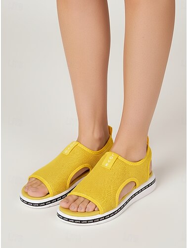  Lichtgewicht, platte sandalen voor dames in geel – ademende zomersandalen van mesh, ideaal om te wandelen, reizen en als casual zomerkleding.