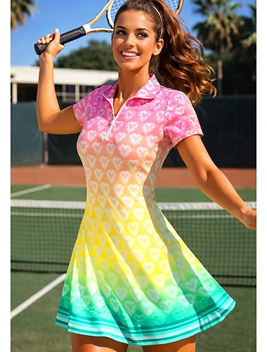  Dame Hjerte Geometrisk Gradert Rutet Tenniskjole Sportskjole Kortermet Trykt mønster Pustende Tennis Golf Badminton Krage Polokrage Kjoler Lysegul Tennis klær