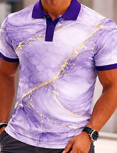  Voor heren Marmer Poloshirts Korte mouw Poloshirt Overhemden met kraag Casual Sportkleding Alledaagse kleding Knop Zomer Lente blauw Paars Groen