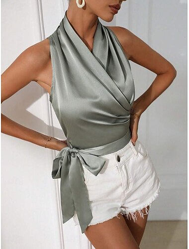  Női Szatén tank Póló Tee Top Betakar Sima Elegáns Divat Stílusos Ujjatlan Kötőfék nyaka Crop Tops Hétköznapi Napi Alkalmi Medence Fekete Bíbor Lóhere Nyár Tavasz