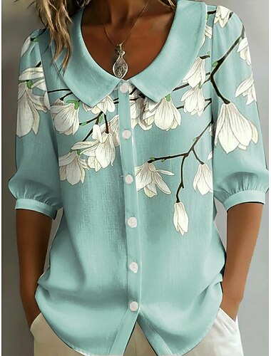  Mulheres Camisa Social Imprimir Floral Gráfico Férias à moda Básico Meia Manga Coleira Peter Pan Tops regulares Casual Diário Amarelo Roxo Laranja Verde Verão Primavera