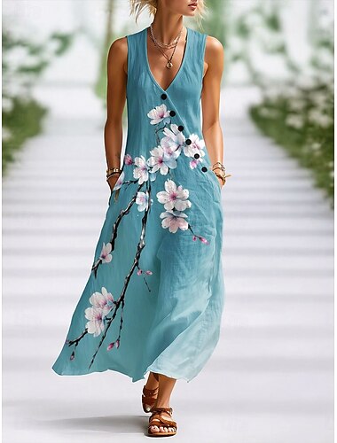  Dam Midiklänning Vardagsklänning A linjeklänning Elegant Semester Stylish Strand Helgdag Normal Blommig Grafisk Ärmlös V-hals Blå Gul Rodnande Rosa Grön Sommar Vår