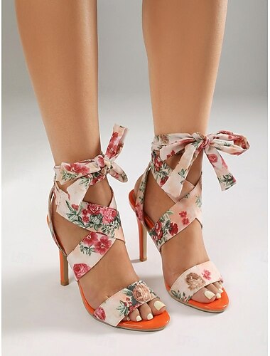 Γυναικεία ψηλοτάκουνα σανδάλια με φλοράλ δέσιμο, ανοιχτά δάχτυλα με λουράκια, εντυπωσιακά παπούτσια για πάρτι στον κήπο, καλεσμένους γάμου &υπαίθριες εκδηλώσεις