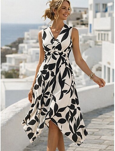  نسائي فستان ميدي فستان بوهو فستان خفيف أنيق بوهيميا العطلة شاطئ مناسب للعطلات عادي الرسم ورق بدون كم V رقبة أزرق أرجواني البيج الصيف الربيع