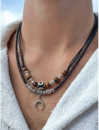  herrhalsband i bohemisk stil med dubbla lager, legering &lädersnöre i blandat material, halvmånehänge, justerbart, perfekt för strandsemester, vardagskläder