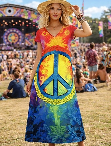  Hippie Années 1970 Robe Manches courtes Hippie Imprimé Tie Dye Symboles de paix Déguisement Femmes Mascarade Festival de Musique Adulte Robe Été