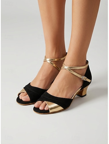  noir pour femmes &Chaussures de danse latine dorées, à bout ouvert, bride croisée et petit talon, idéales pour la salsa, le tango et les danses de salon. & entraînement