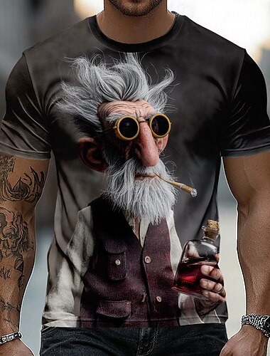  男性用 オンブル’ 老人 Tシャツ 半袖 Tシャツ 3Dプリント クルーネック シャツ おかしい カジュアル 日常 ストリート ブルー ブラック ルビーレッド 夏 春 衣類 S M L XL 2XL 3XL