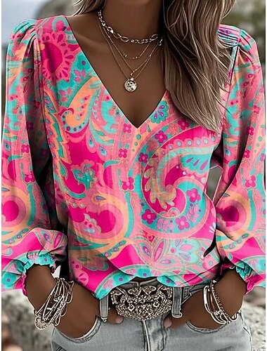  Dames Overhemd Boho-shirt Paisley Elegant Bohemen Vakantie Lange mouw V-hals Croptops Dagelijks Feestdagen Uitgaan blauw Blozend Roze Hemelsblauw Groen Zomer Lente