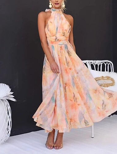  Dames Maxi-jurk Chiffon jurk Feestjurk Cocktail jurk Bruiloft gast jurk Elegant Modieus Modern Strand Avond Feest Feest Normale pasvorm Effen Mouwloos Halternek Oranje Zomer Lente