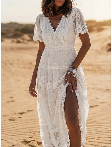  Dam Maxiklänning Boho-klänning Spetsklänning Vit klänning Sommarklänning Elegant Mode Strand Semester Helgdag Normal Blommig Halvlång ärm V-hals Vit Sommar Vår