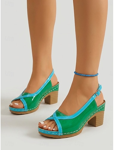  Γυναικεία σανδάλια slingback με ανοιχτά δάχτυλα σε χρώμα μπλε και μπλουζάκι – άνετα καλοκαιρινά σανδάλια από λουστρίνι με τακούνι για διακοπές, πάρτι στον κήπο, ταξίδια και καθημερινή χρήση