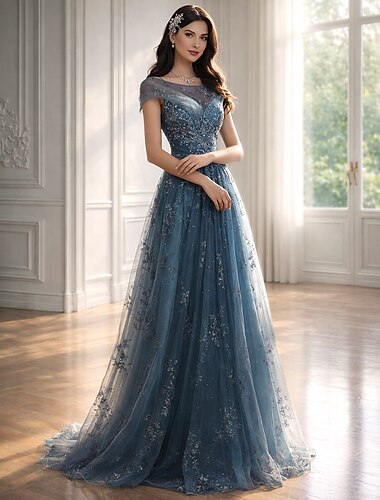  Ligne A Longueur au sol Robes de Bal Élégant Manche Courte Bijoux robe demoiselle d honneur Fête de mariage Tulle avec Plis Appliques