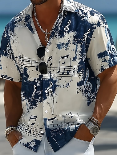  Herren Tie Dye Print Musiknoten Hemd Knopfhemd Lässiges Hemd Kurzarm Vintage-Retro Täglich Musikfestival Frühling Herbst Umlegekragen 3D-Druck Hemden mit Kragen Blau Schwarz Purpur Braun