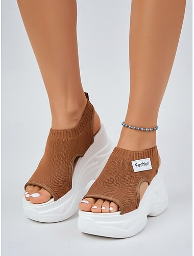  صنادل نسائية بنية اللون محبوكة بكعب إسفين، صنادل رياضية محبوكة تسمح بمرور الهواء، أحذية كاجوال متعددة الاستخدامات للعطلات والمشي &صحيفة صيفية يومية