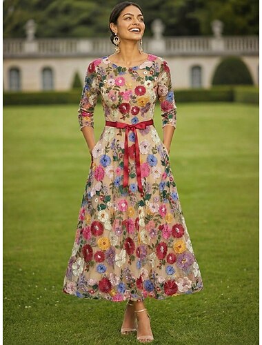  A-Linie Kleid Knöchellänge Partykleid Cocktailkleid Brautmutterkleid Dreiviertelarm Rundhalsausschnitt Elegant Vintage Formell Hochzeitsgast Ferien Chiffon Tüll mit Stickerei Applikationen Blume