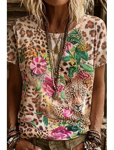  Dames T-shirt Afdrukken Grafisch dier Luipaard Vintage Stijlvol Klassiek Korte mouw Strakke ronde hals Ronde hals Normale tops Dagelijks Weekend Lichtgroen Blozend Roze Paars Zomer Lente Herfst