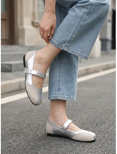  Dames Mary Jane ballerina's in zilver metallic en beige suède - elegante ballerina's met ronde neus en enkele band, perfect voor dagelijks gebruik, woon-werkverkeer en casual chique outfits.