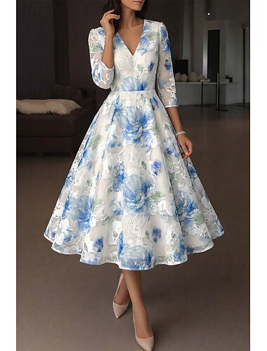  Linea ad A Lunghezza alla caviglia Lunghezza Tè Abito Formale Abiti da Cocktail Elegante Manica 3/4 Scollo a V Matrimonio Formale Organza Jacquard con Stampa floreale