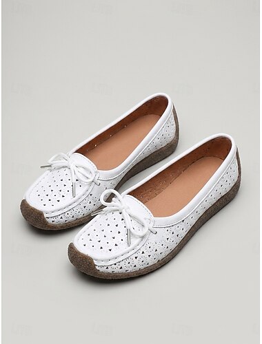  Witte damesloafers met uitgesneden strik, instapschoenen met zachte zool, comfortabele en ademende schoenen voor dagelijks gebruik, woon-werkverkeer, winkelen, reizen, wandelen en vakantie. &informele
