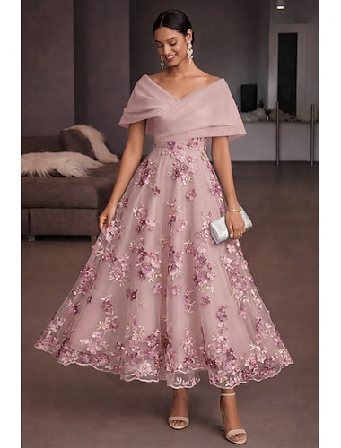  A-Linie Tee-Länge Cocktailkleider Elegant Vintage Blumen Kurzarm Schulterfrei Gartenparty Hochzeit Organza Tüll Tiefer Wasserfall-Rückenausschnitt mit Blumenmuster Gestickte Blume Falten