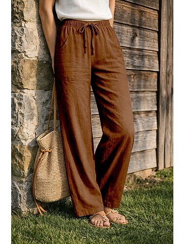  Calça feminina plus size 100% algodão, pernas largas, ideal para férias, uso básico, casual, dia a dia, comprimento total, cintura alta, cor sólida, cordão ajustável, confortável, secagem rápida, macia, sem elasticidade, disponível nas cores cinza, preto