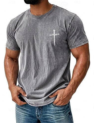  T-shirt da uomo vintage grigia con stampa croce e lavaggio acido, maniche corte, girocollo, regalo di fede cristiana per lui, abbigliamento di design