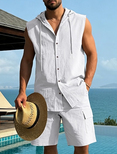  Herren Leinenhemd Zweiteilig Hemd Set Und Cargo-Shorts Shorts Leinenshorts Set Einfach Täglich Outdoor Strand Mit Kapuze Ärmellos Sommer Mode Lässig Bequem Bekleidung