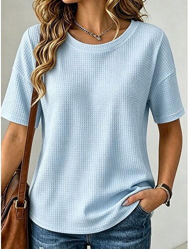  Dame T skjorte Vaffelstrikkede topper T-skjorte Helfarge Mote Klassisk Fritid Kortermet Rund hals Vanlige topper Daglig Ut på byen Helg Gul Rosa Himmelblå Oransje Sommer Vår