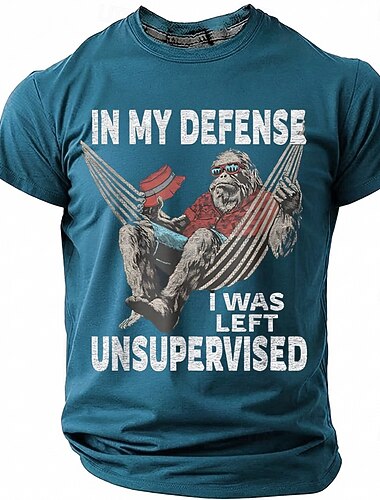  Herr-t-shirt med "till mitt försvar, jag lämnades utan uppsikt", rolig Bigfoot-t-shirt med kort ärm, rund hals, sasquatch, avkopplande i hängmatta, sommarcamping, humor, present till pappa, blågrön,